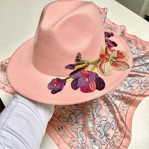 Embroidered floral pastel coral pink ranch hat w southwestern shabby chic vibe